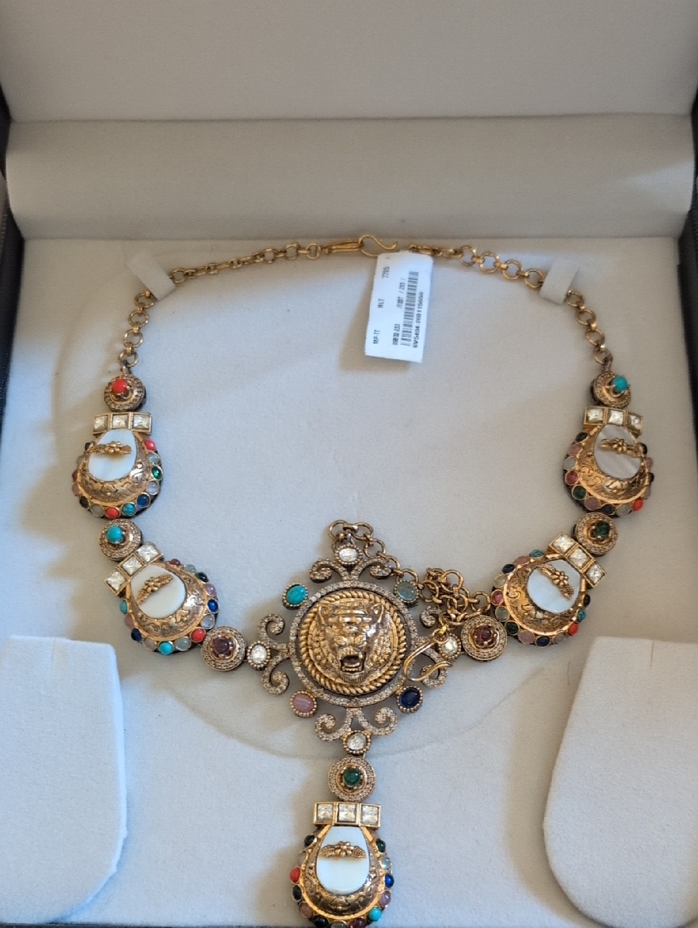 Gold-Tone Statement Lion Medallion Tikka Headpiece  with Multicolor Accents